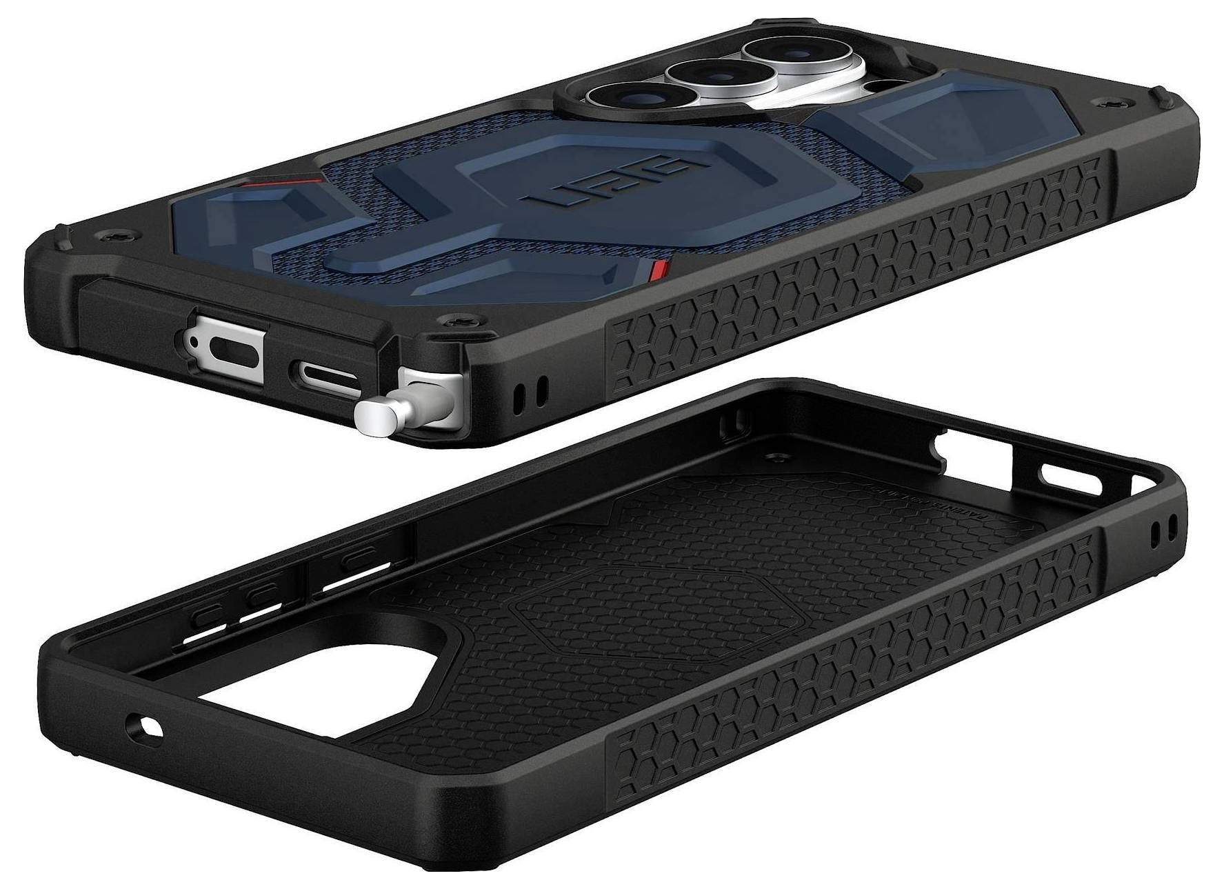 Robuste schwarze und blaue Handyhülle mit strukturiertem Design und Aussparungen für Tasten und Kamera, die Langlebigkeit und Funktionalität demonstriert.