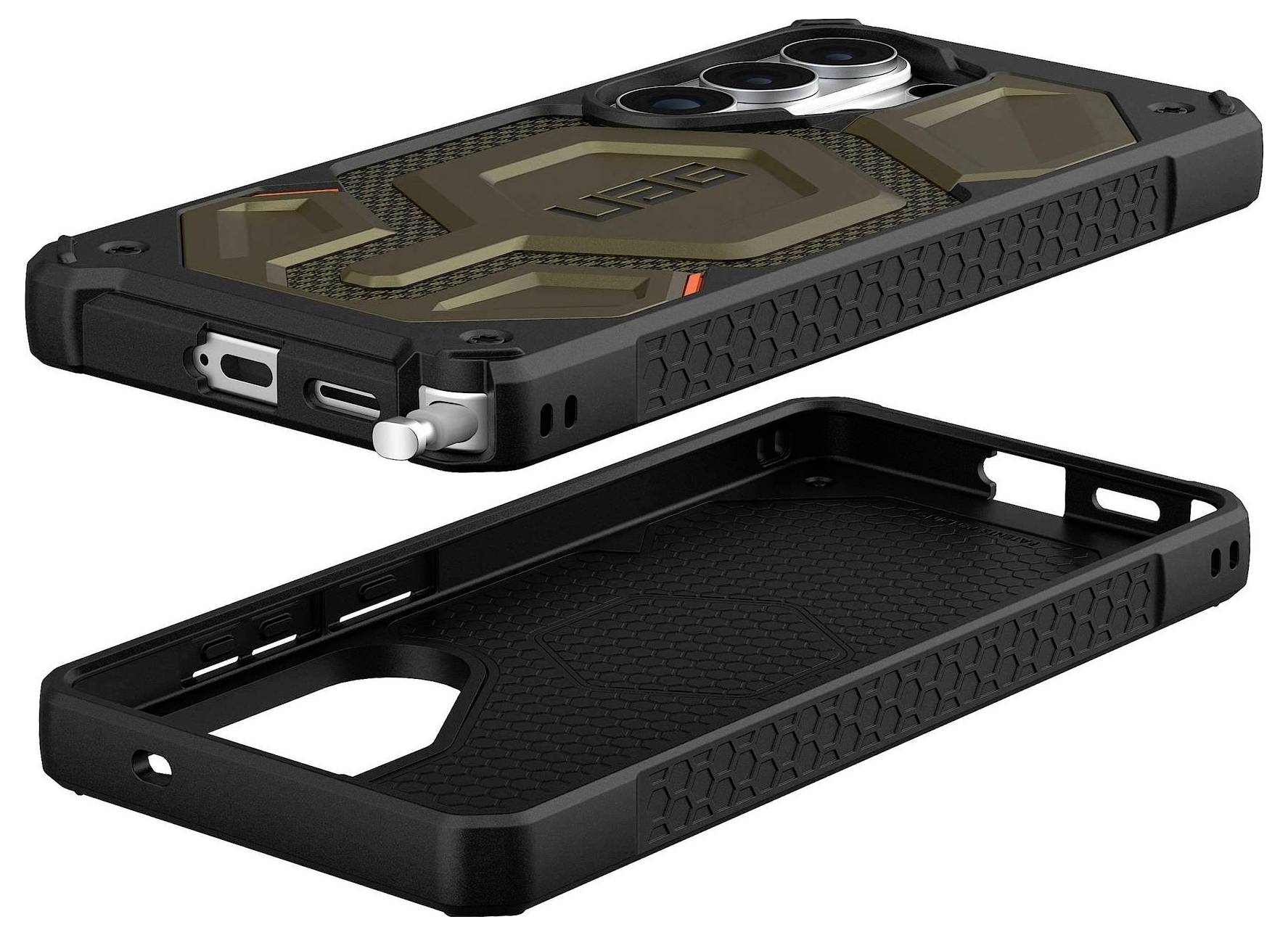 Seitenansicht eines schlanken, rechteckigen elektronischen Geräts mit strukturierter Oberfläche und Schaltflächendetails.