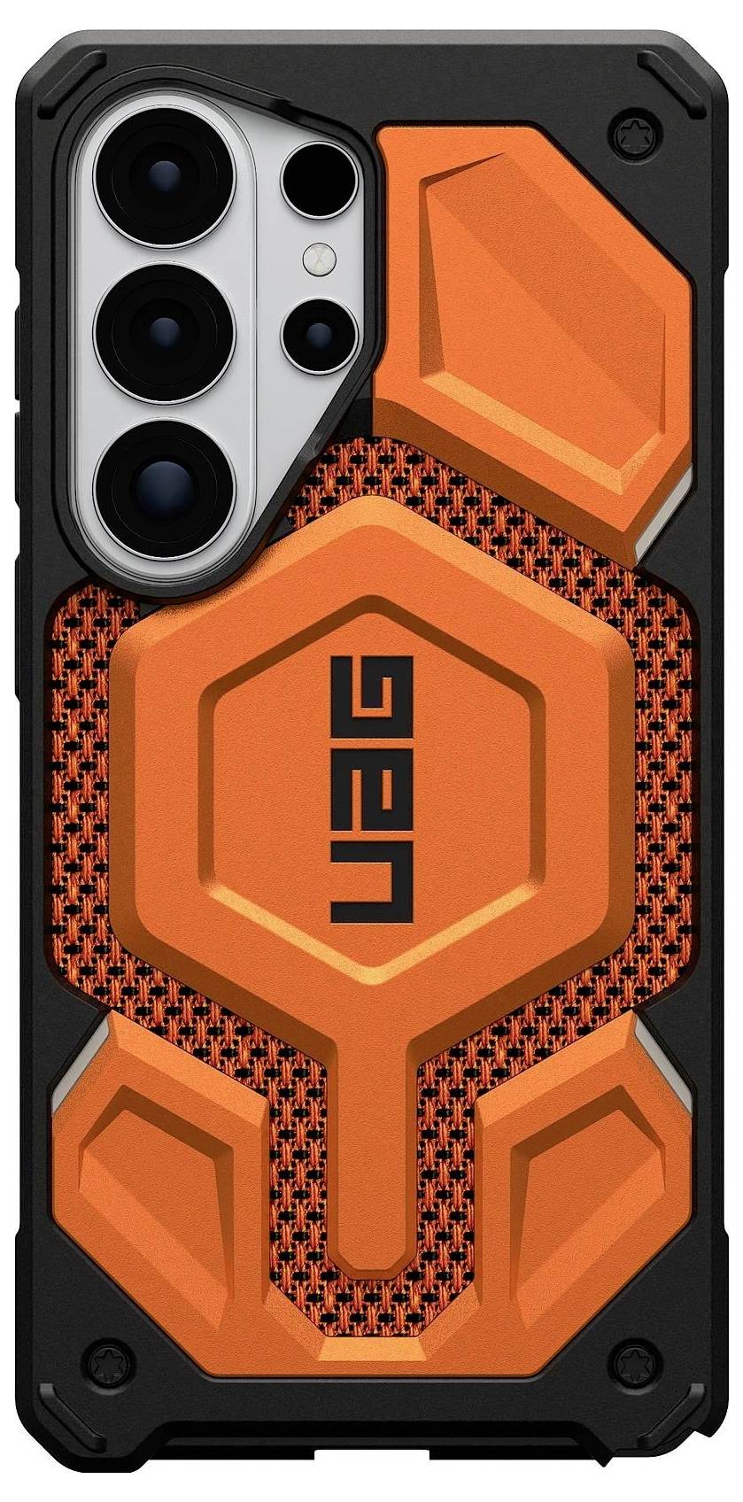 Zwei schwarze Smartphone-Hüllen mit strukturiertem Camouflage-Design; eine zeigt die Rückseite mit einer Aussparung für die Kamera, die andere zeigt das Innere.