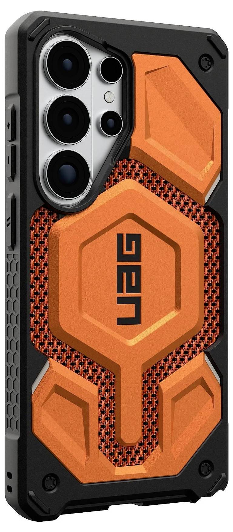 Ein schwarzes Handyhülle mit einer strukturierten punktierten Oberfläche und zwei großen Kameraöffnungen, leicht angewinkelt, um sein schützendes Design hervorzuheben.