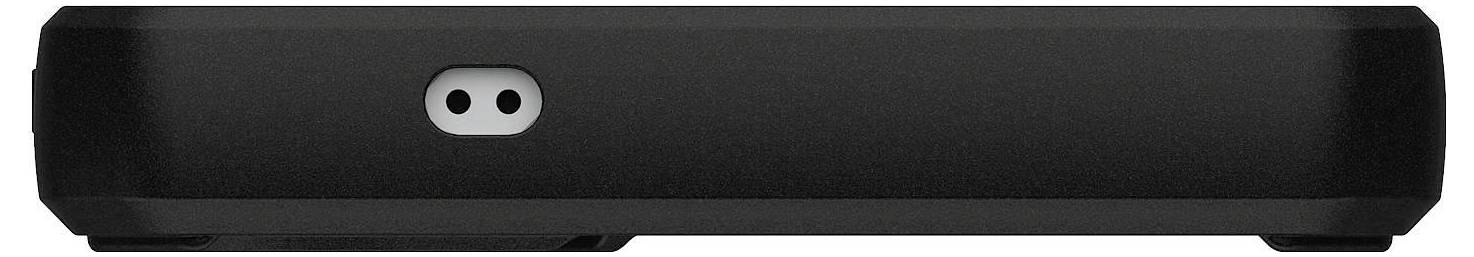 Ein vertikales schwarzes Objekt, das der Seitenansicht eines geschlossenen rechteckigen Gehäuses oder einer Vorrichtung mit abgerundeten Kanten ähnelt.