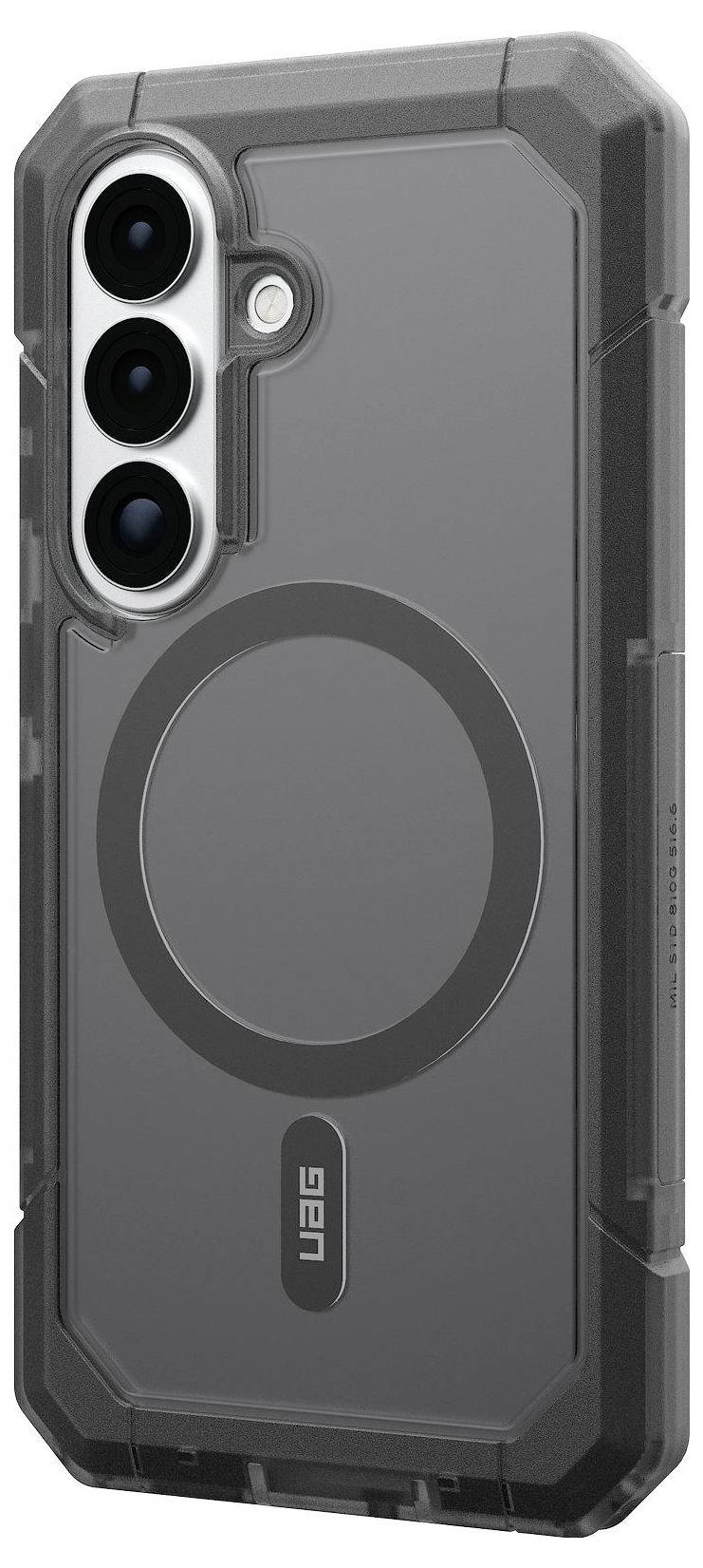 Ein robustes Handyhüllendesign mit verstärkten Ecken und transparenter Rückseite, mit kreisförmigem Design und drei Kameralinsenausschnitten.