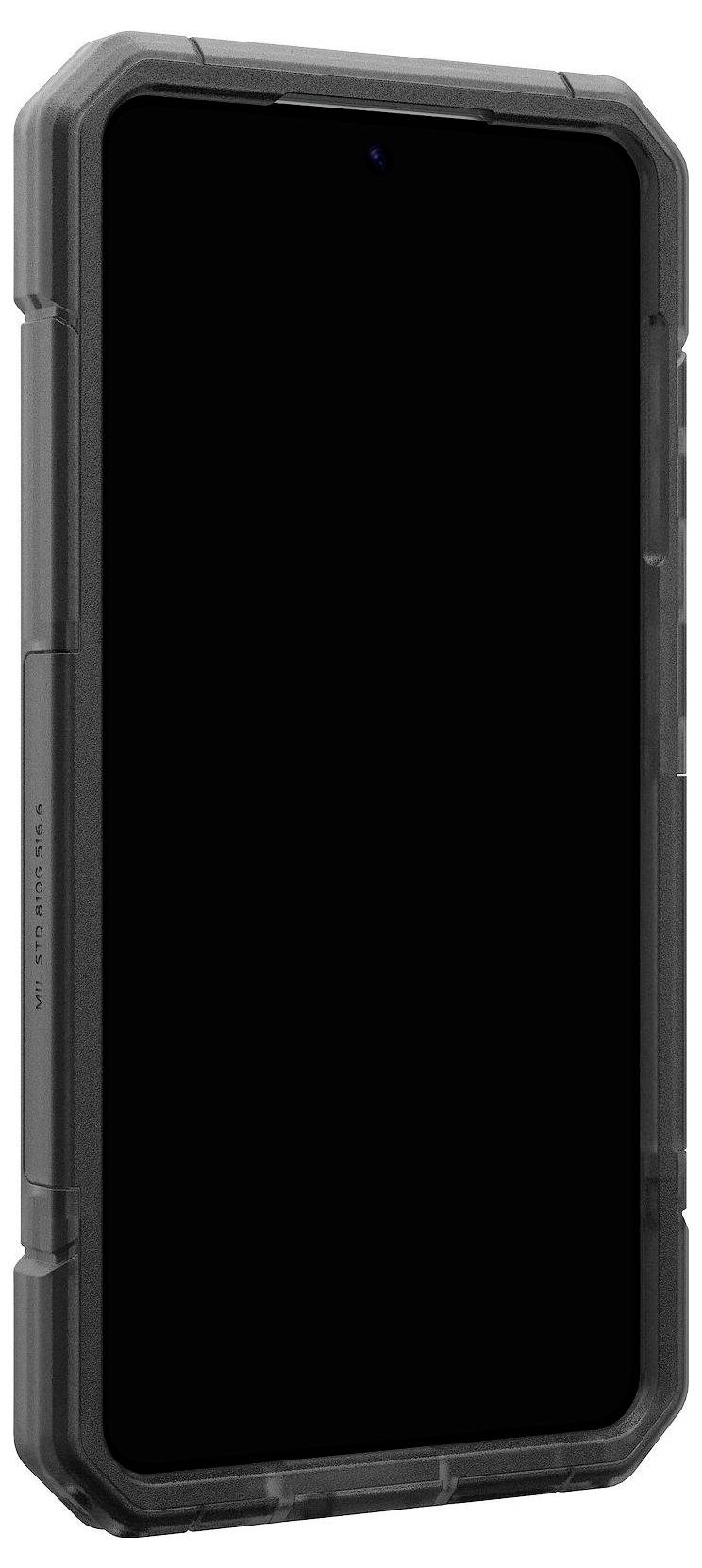 Ein Smartphone mit einer robusten schwarzen Schutzhülle, die mit verstärkten Ecken und einer strukturierten Griffoberfläche ausgestattet ist, von vorne betrachtet.