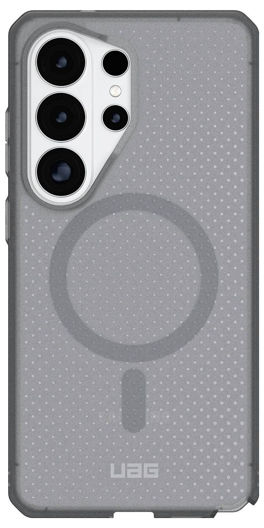 Ein grauer Smartphone-Schutzhülle mit drei Kameraausschnitten und einem kreisförmigen Design auf der Rückseite, das kleine Punktmuster aufweist.