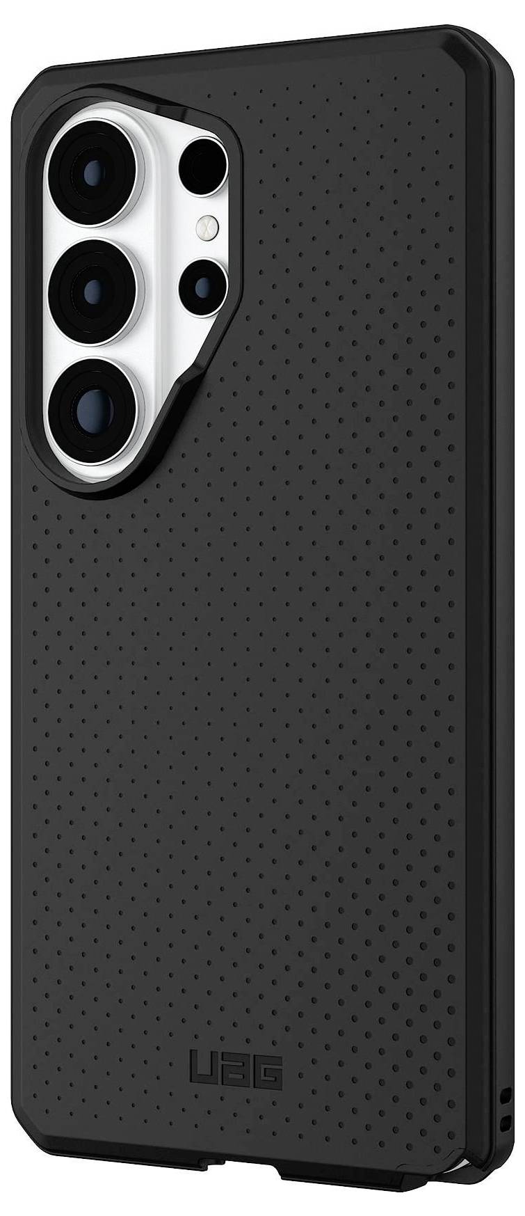 Schwarze Smartphone-Hülle mit durchlöchertem Design und drei hervorstehenden kreisförmigen Kameraobjektiven auf der Rückseite.