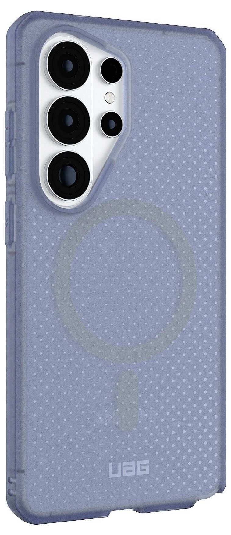 Ein blaues Handyhüllen-Case mit strukturierter gepunkteter Oberfläche und vier großen Kameraausschnitten, mit sichtbarem MagSafe-Kreis-Design und einem Markenlogo am unteren Ende.