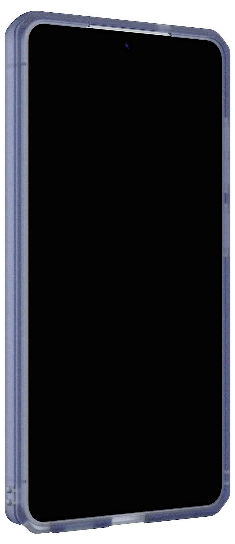 Ein Smartphone mit dunklem Bildschirm, in einer blauen Schutzhülle verpackt, von vorne betrachtet ohne sichtbare Markenzeichen oder Tasten.