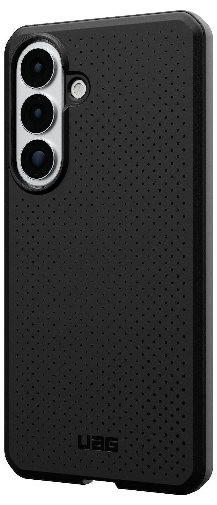 Schwarze Handyhülle mit strukturierter, perforierter Rückseite und integrierten Kameraausschnitten.