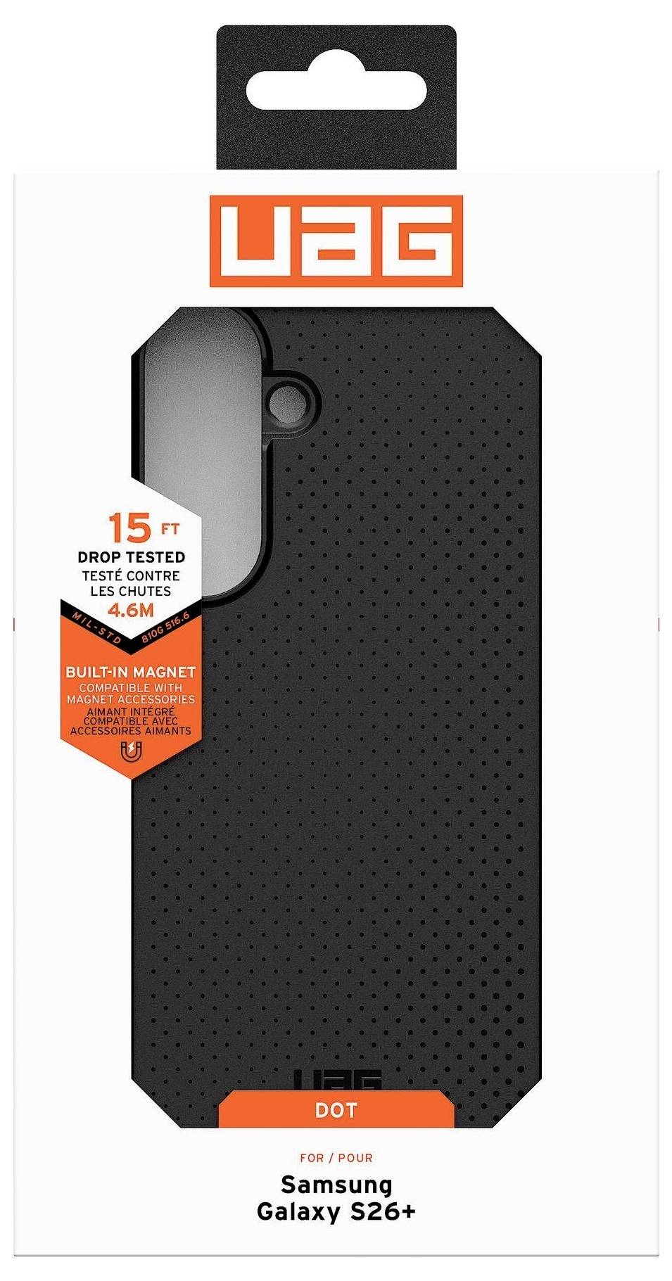 Samsung Galaxy S26+ Schutzhülle in Verpackung, mit Fallschutz bis zu 15 Fuß und integriertem Magnet, mit UAG-Branding.