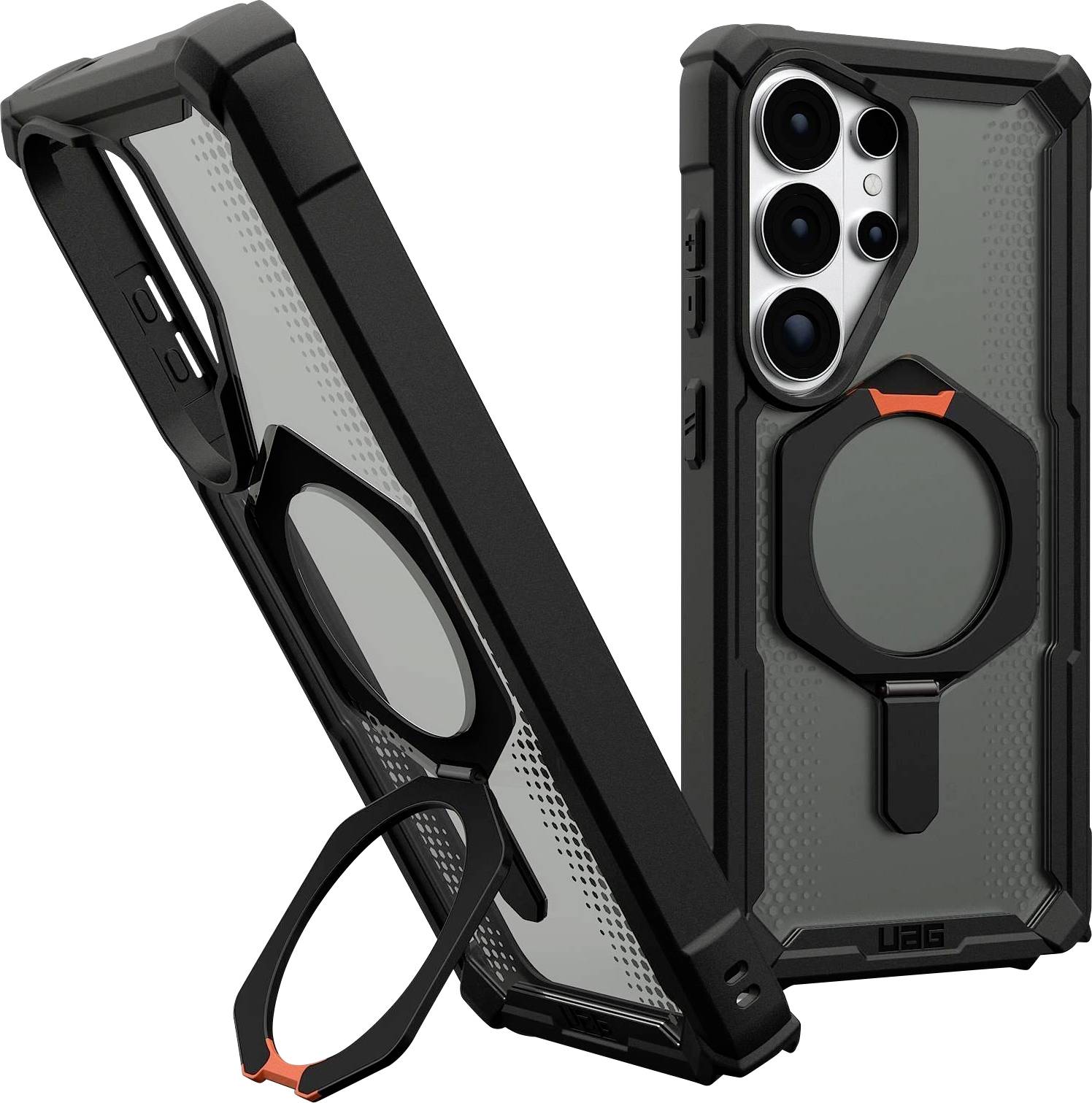 Zwei Schutzhüllen für Telefone mit robustem Design. Eine Hülle verfügt über einen abnehmbaren Ringständer und hebt damit ihre Funktionalität und Langlebigkeit hervor.