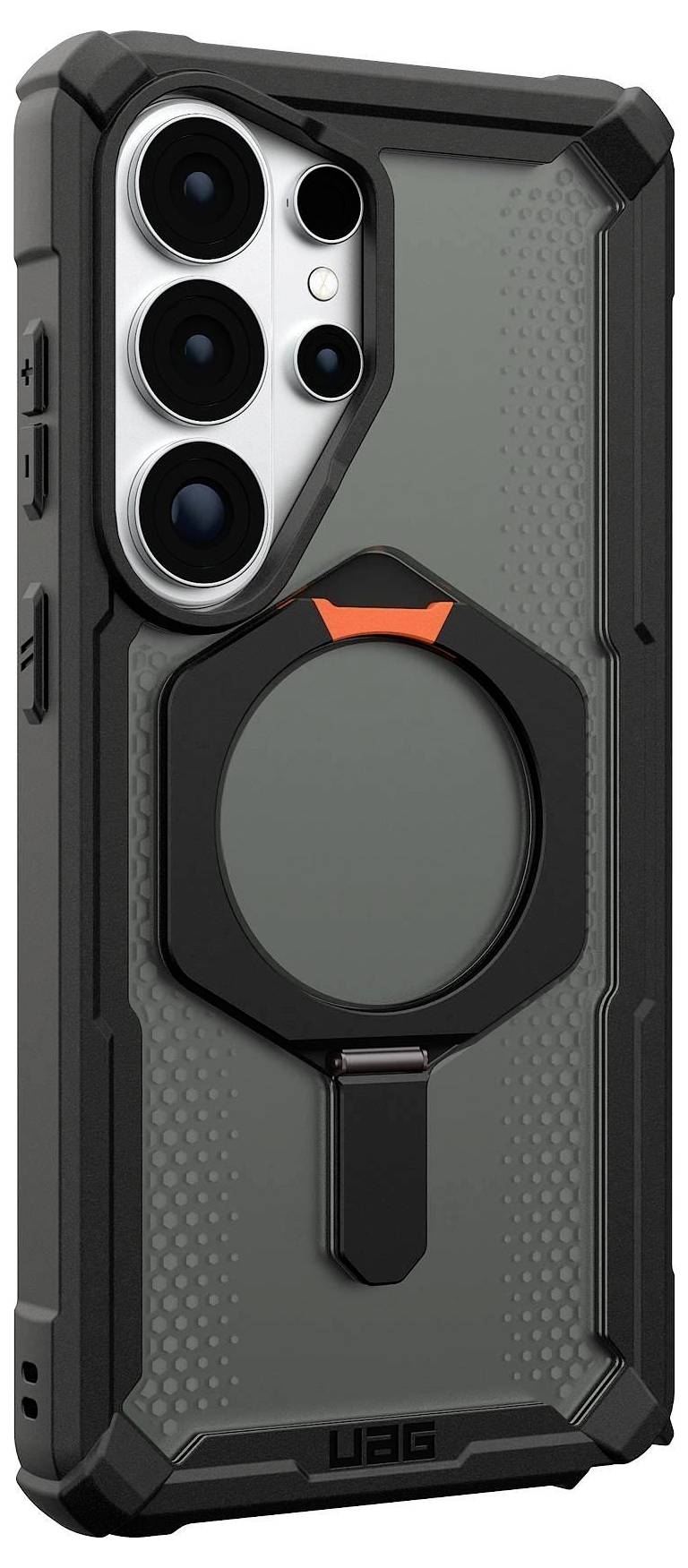 Robuste Smartphone-Schutzhülle mit verstärktem Design, ausgestattet mit einem großen runden Ständer auf der Rückseite. Entwickelt für Langlebigkeit und besseren Halt.