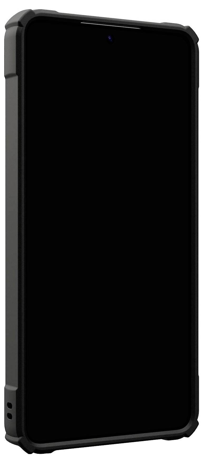 Ein robustes Smartphone in einer widerstandsfähigen Schutzhülle mit abgerundeten Ecken und großem schwarzem Bildschirm, was auf Outdoor- oder raue Nutzung hindeutet.