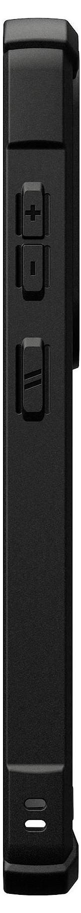 Ein schlankes, schwarzes, rechteckiges elektronisches Gerät von der Seite betrachtet, mit zwei Tasten und einem kleinen Anschluss in der Nähe des unteren Endes.