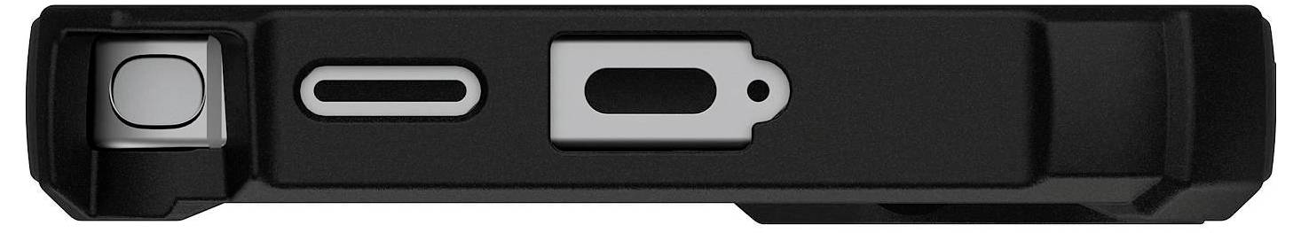 Eine Nahaufnahme eines schwarzen elektronischen Geräts mit Schaltflächen und einem Anschluss an der Seite.