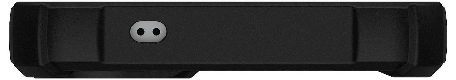 Ein schwarzes rechteckiges Gerät mit einer kleinen doppelaugigen Tastenform auf der Vorderseite.