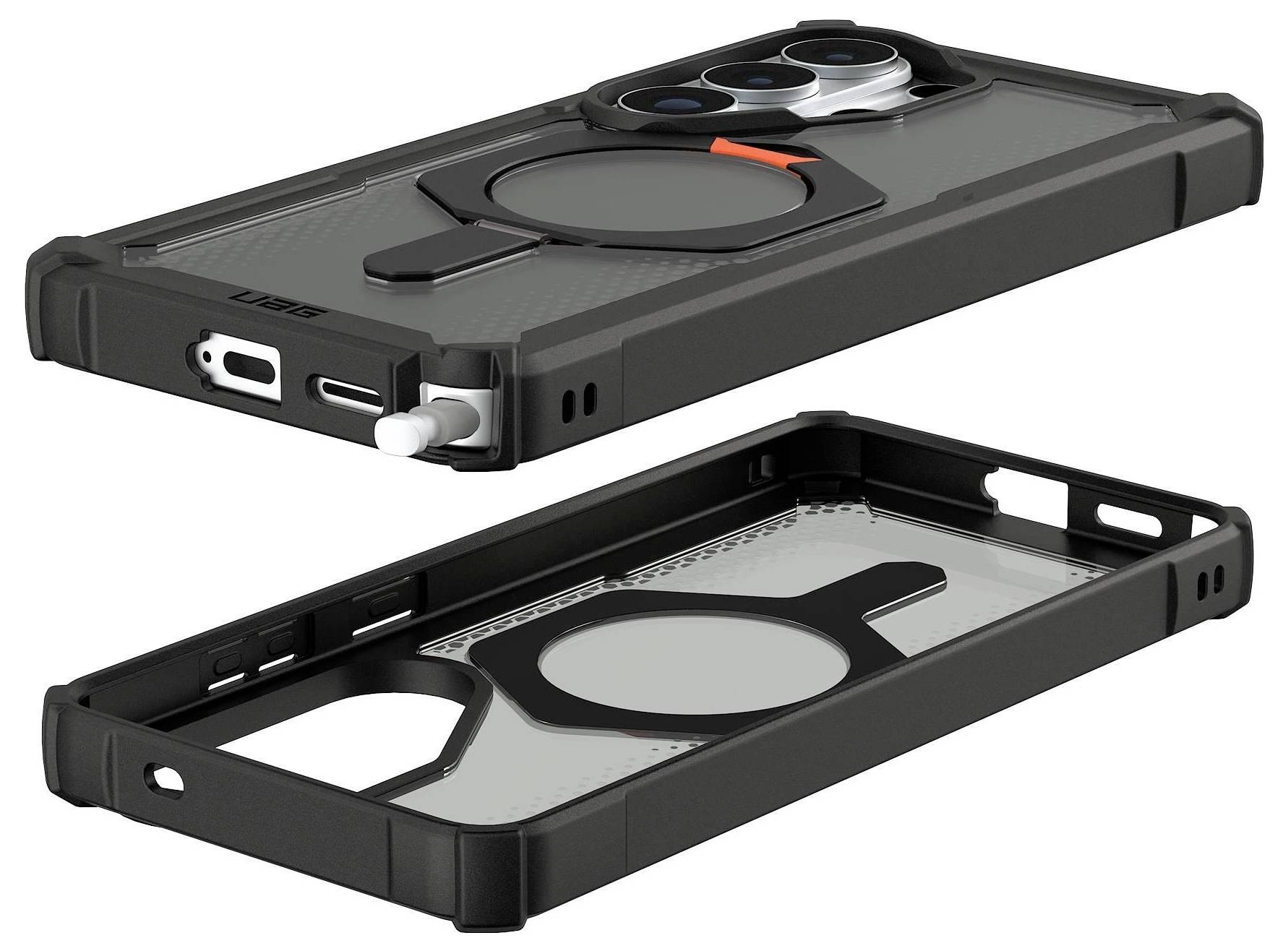 Zwei schwarze Handyhüllen mit verstärkten Kanten, eine mit Ringgriff und Linsenschutz, und die andere mit einer Ladeschnittstelle.