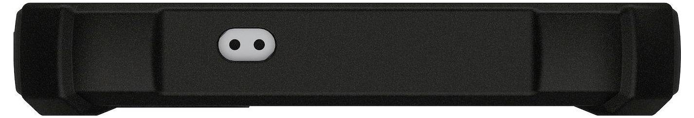 Ein schwarzes rechteckiges Objekt mit zwei weißen Löchern in der Nähe der Mitte, das einem Verbindungsanschluss oder einem Teil eines elektronischen Geräts ähnelt.