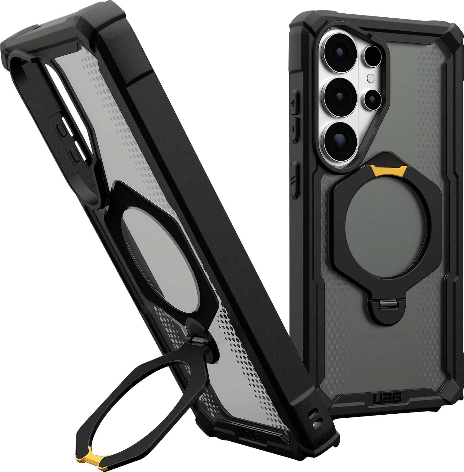 Ein robustes schwarzes Handyetui mit integriertem Ständer, das aus zwei Winkeln dargestellt ist. Das Etui verfügt über verstärkte Ecken und eine strukturierte Rückseite.