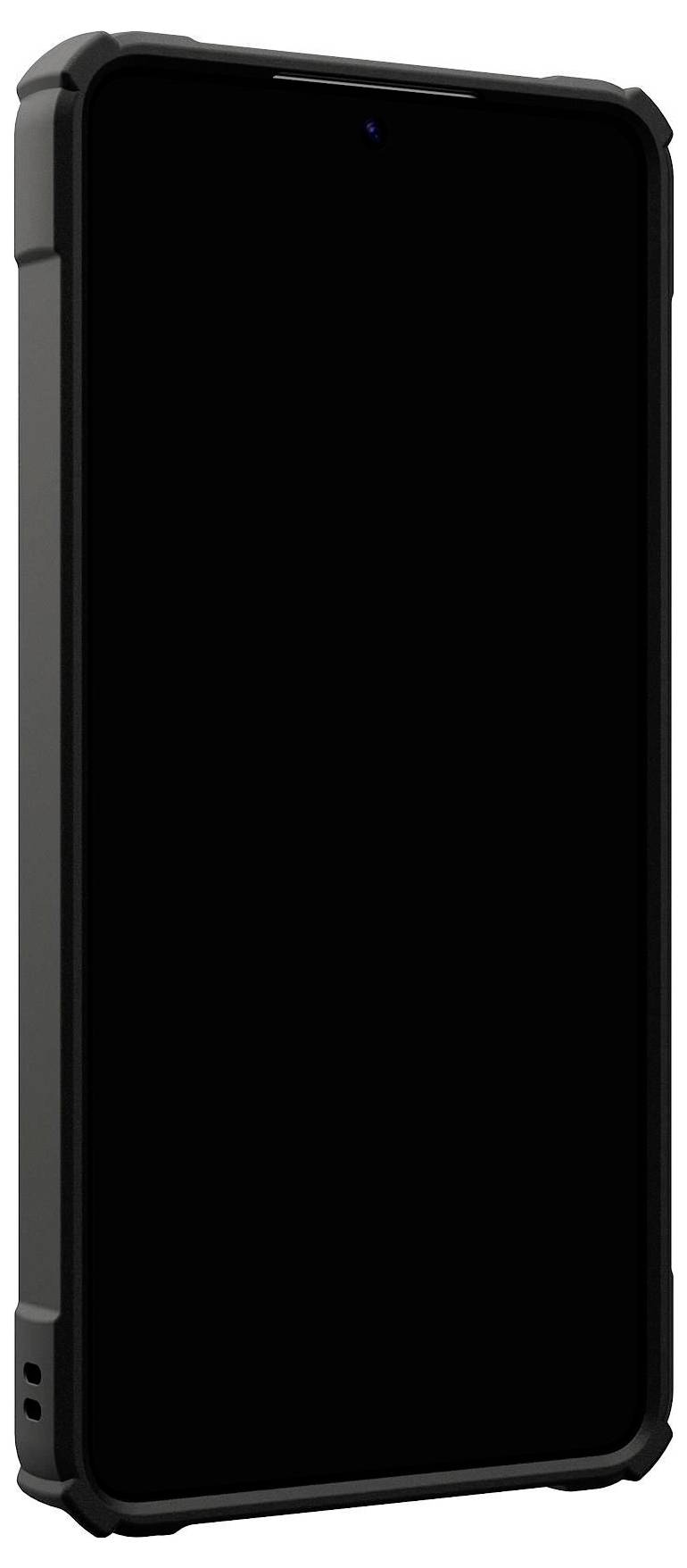 Ein schwarzes Smartphone mit einer robusten Schutzhülle, mit verstärkten Ecken und elegantem Design.