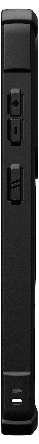 Eine schwarze vertikale Fernbedienung mit drei Tasten, die mit „+