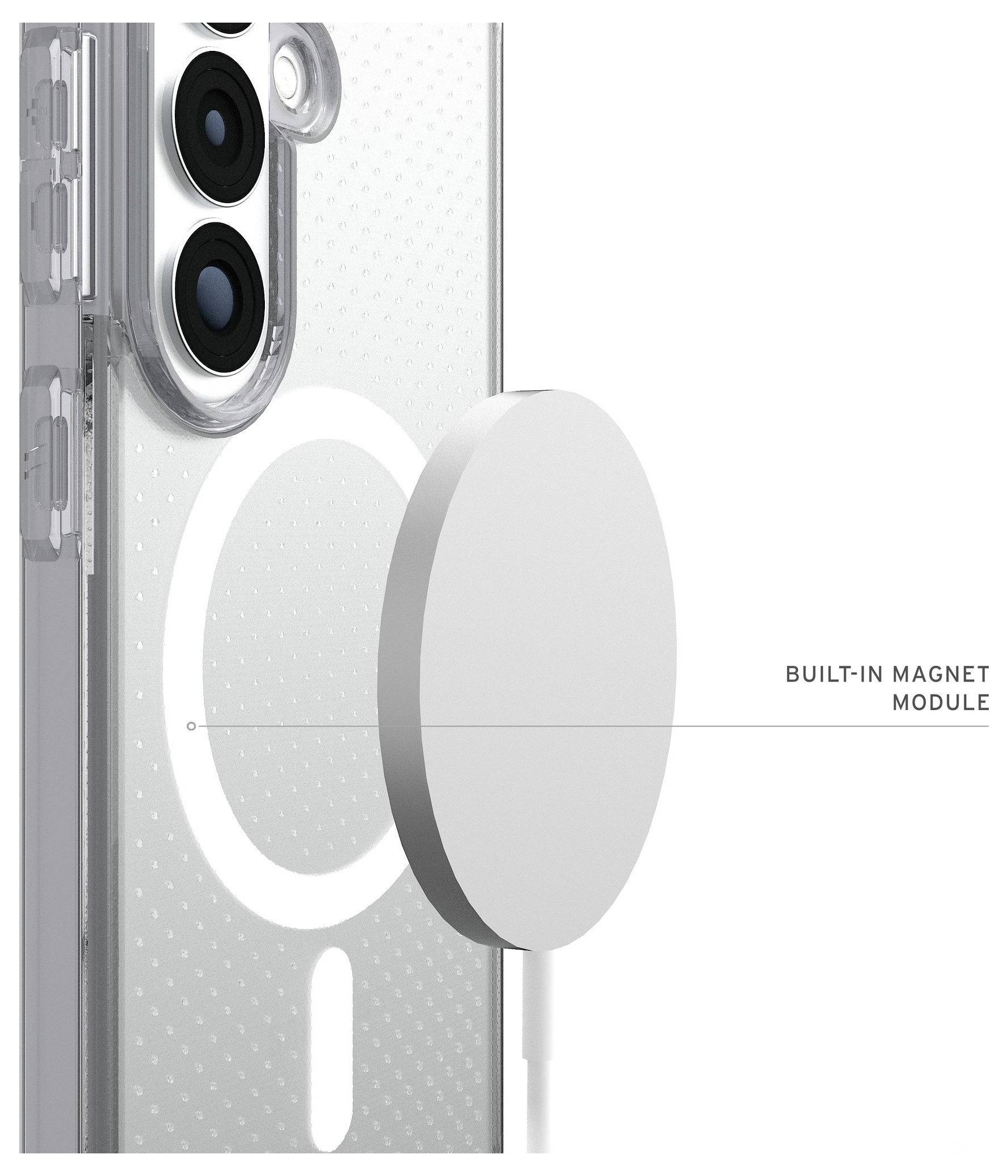 Handyhülle mit integriertem Magnetmodul von der Rückseite dargestellt, das das kreisförmige Magnetdesign zeigt, das mit kabellosem Laden kompatibel ist.