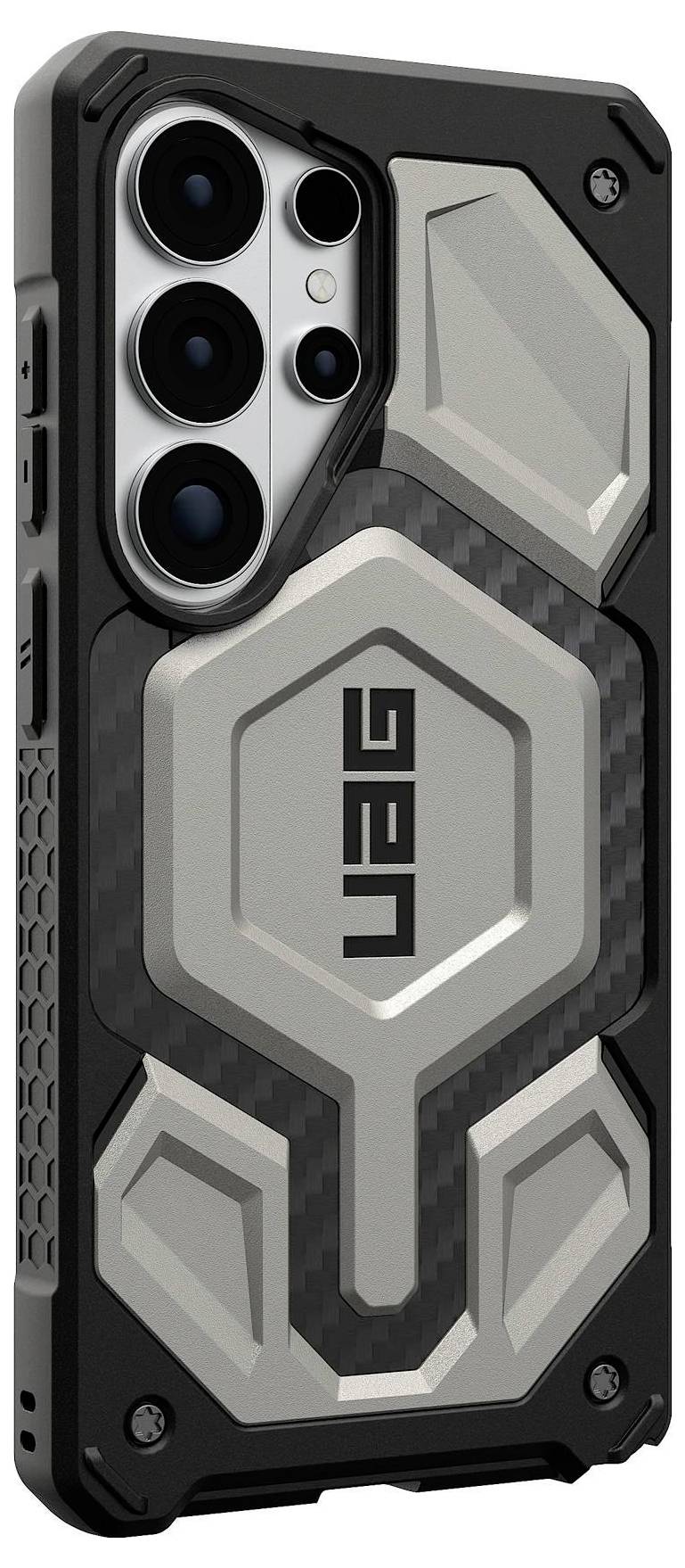 Robuste Smartphone-Schutzhülle mit metallischen Akzenten, entwickelt für Langlebigkeit und Schutz, mit prominentem 