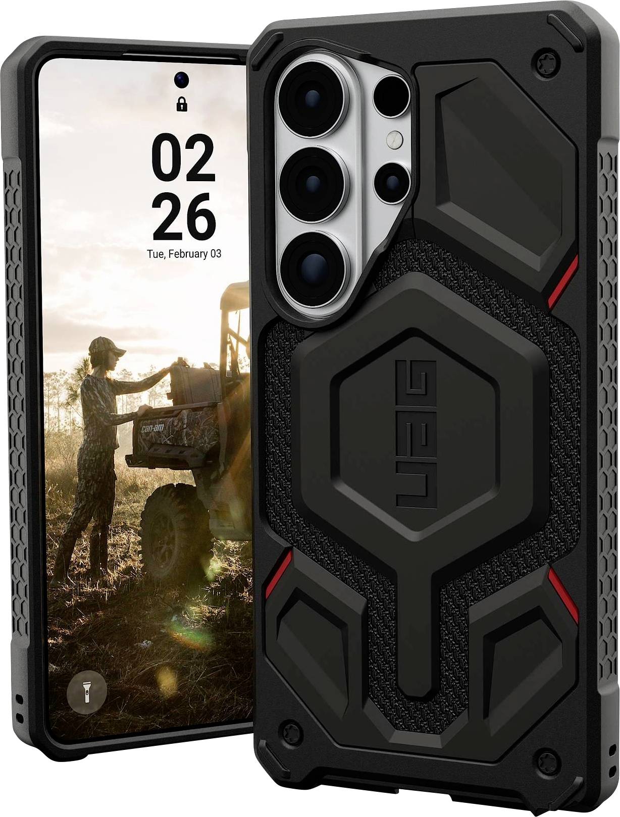 Smartphone mit robustem schwarzem Gehäuse, ausgestattet mit drei Kameraobjektiven und einer Zeitanzeige von „02:26