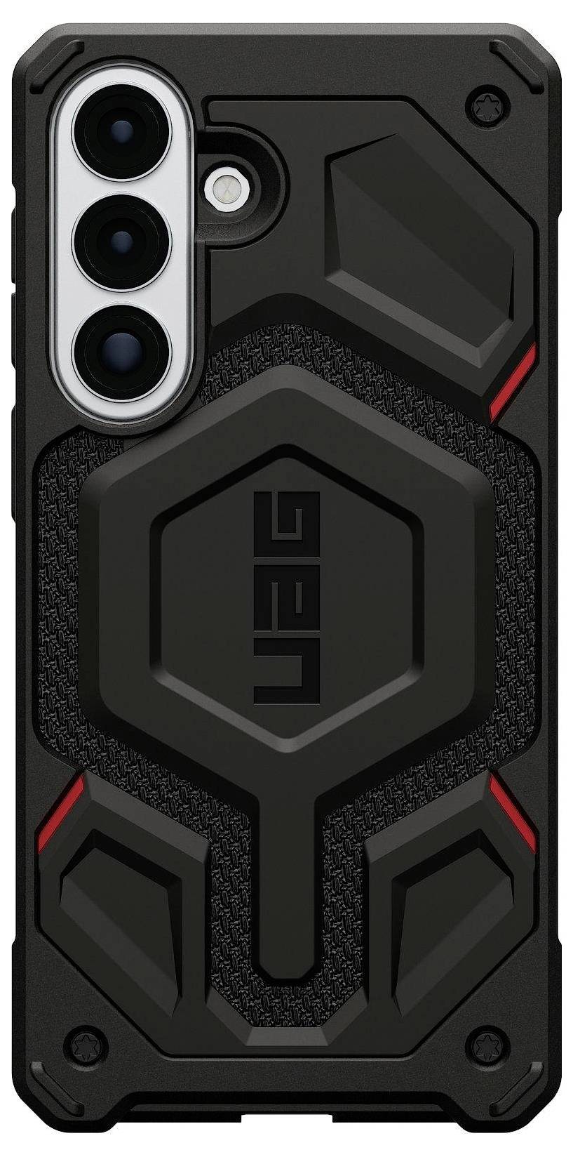 Robuste schwarz-rote Handyhülle mit strukturierter Oberfläche, drei Kameraausschnitten und einem sechseckigen Design, auf der Rückseite mit 
