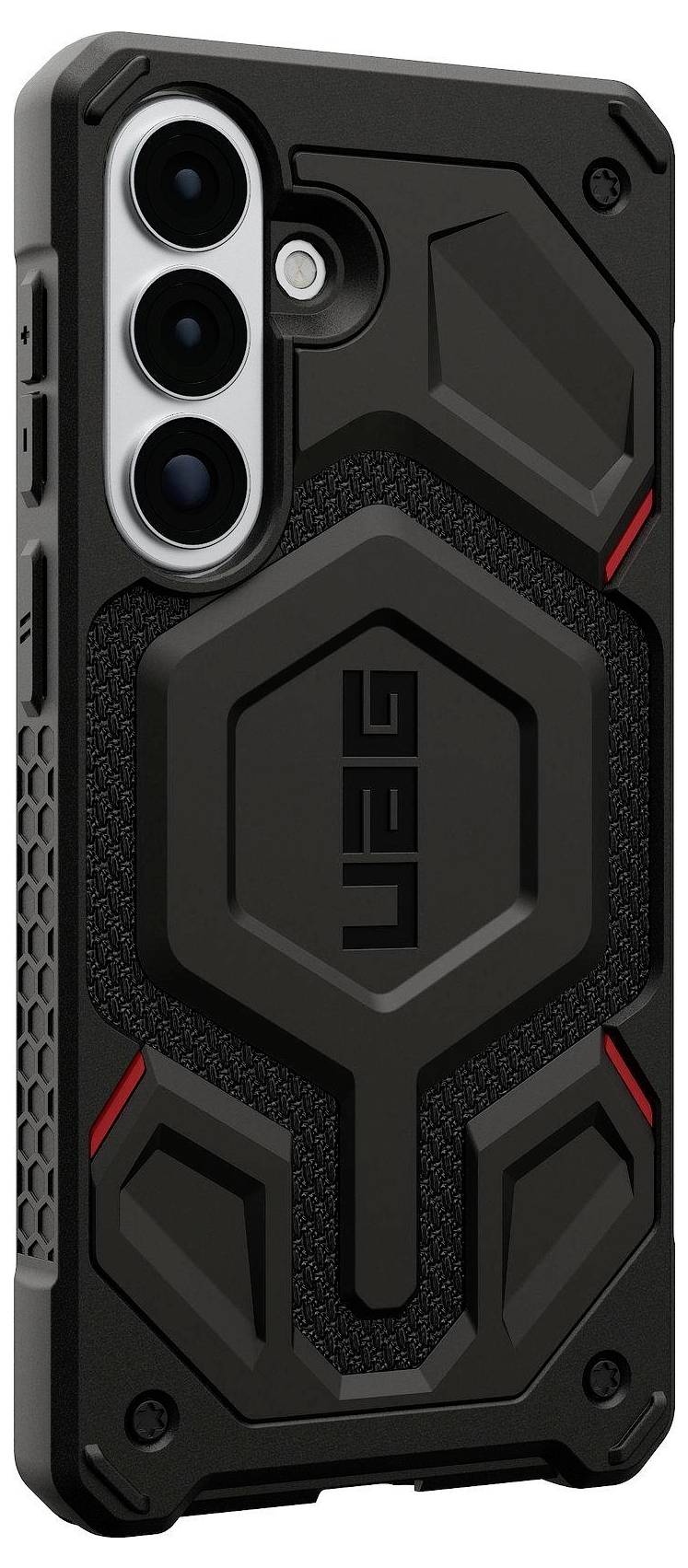 Ein robustes schwarzes Handyhülle mit geometrischen Mustern und roten Akzenten, entwickelt zum Schutz eines Smartphones.