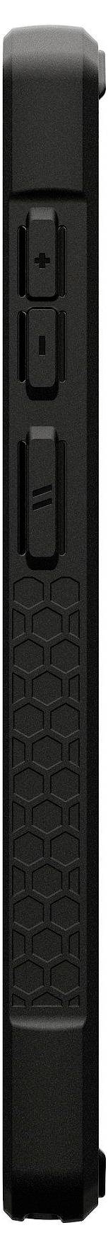 Seitenansicht eines schwarzen, rechteckigen elektronischen Geräts mit zwei Tasten und einem strukturierten Griff.