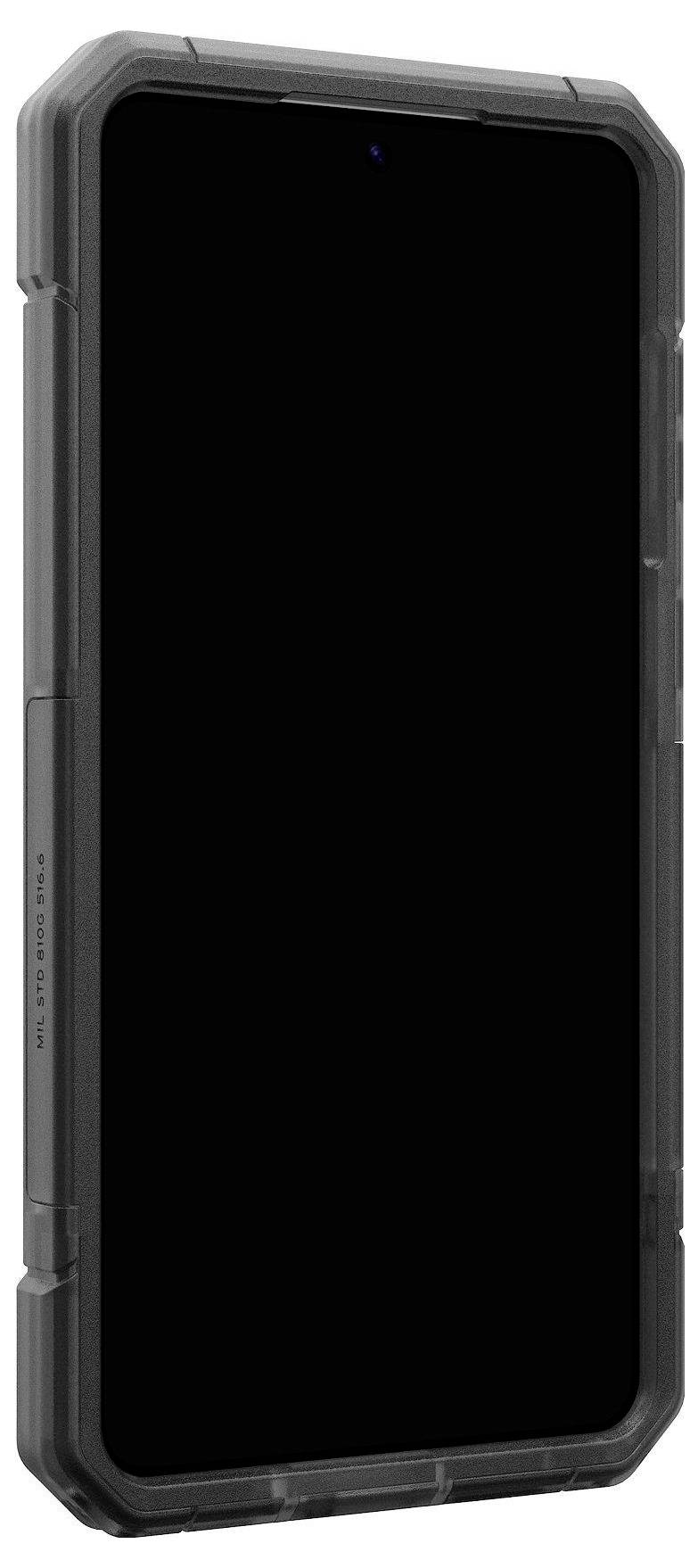 Ein weißes rechteckiges Objekt mit einer kleinen Kerbe in der Mitte der Oberseite, das wie die Rückseite eines Smartphones oder elektronischen Geräts aussieht.