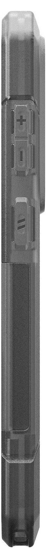 Ein metallisches, rechteckiges Gerät von der Seite betrachtet mit sichtbaren Tasten und einer strukturierten Oberfläche, möglicherweise eine Fernbedienung oder ein elektronisches Gerät.