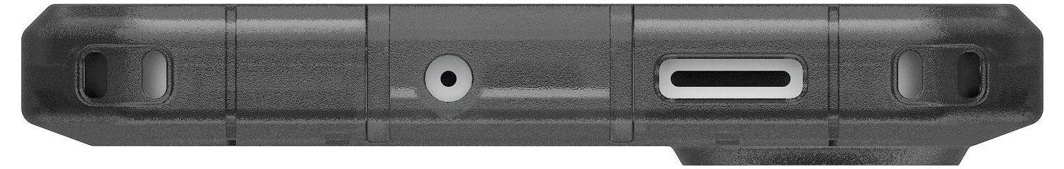 Unteransicht eines Smartphones mit Anschlüssen: ein Lautsprechergitter auf der linken Seite, eine Kopfhörerbuchse in der Mitte und ein USB-C-Anschluss auf der rechten Seite.