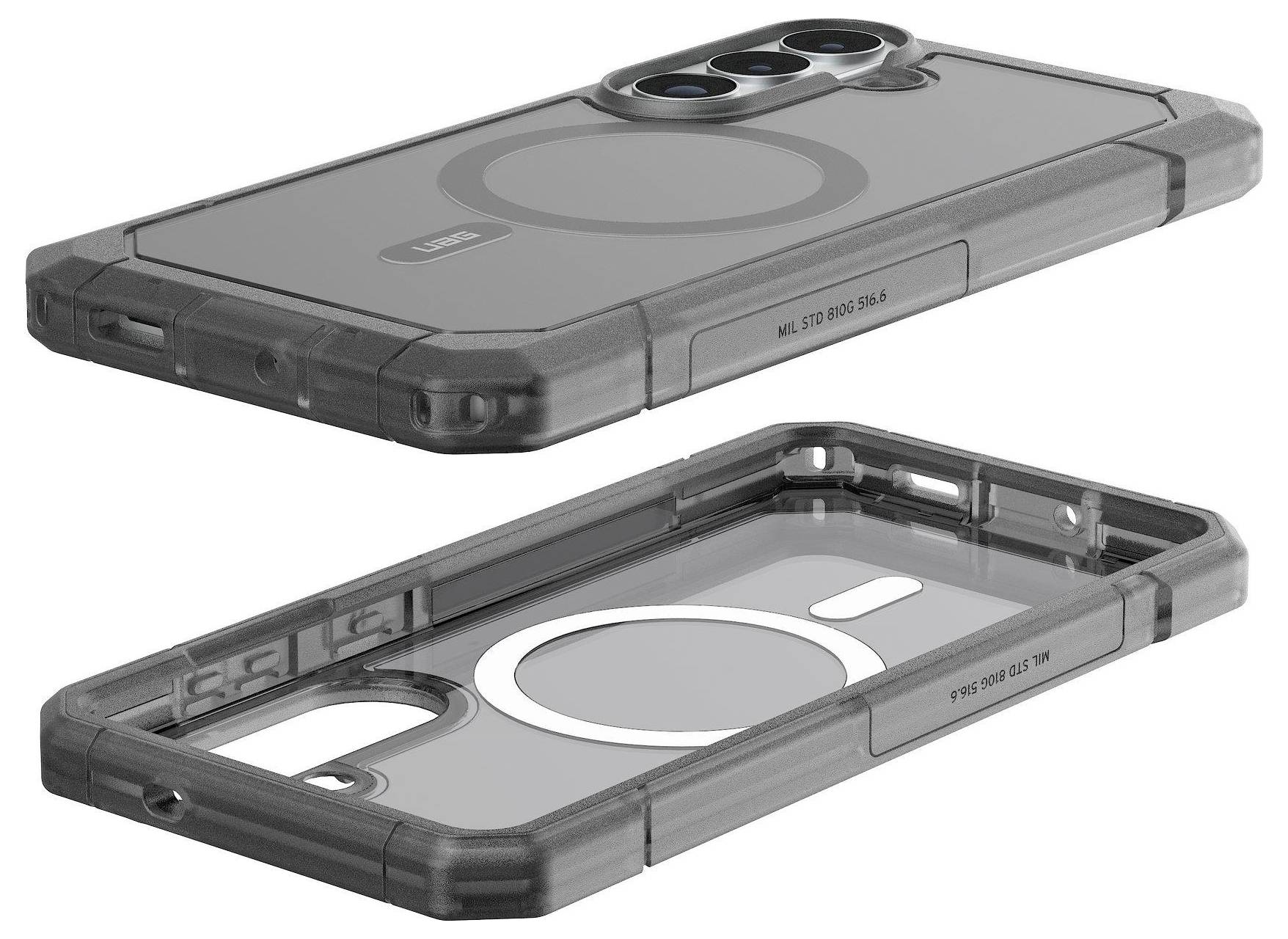 Eine transparente Handyhülle mit verstärkten Ecken wird aus verschiedenen Blickwinkeln gezeigt und hebt ihr Schutzdesign und die MagSafe-Kompatibilität hervor.