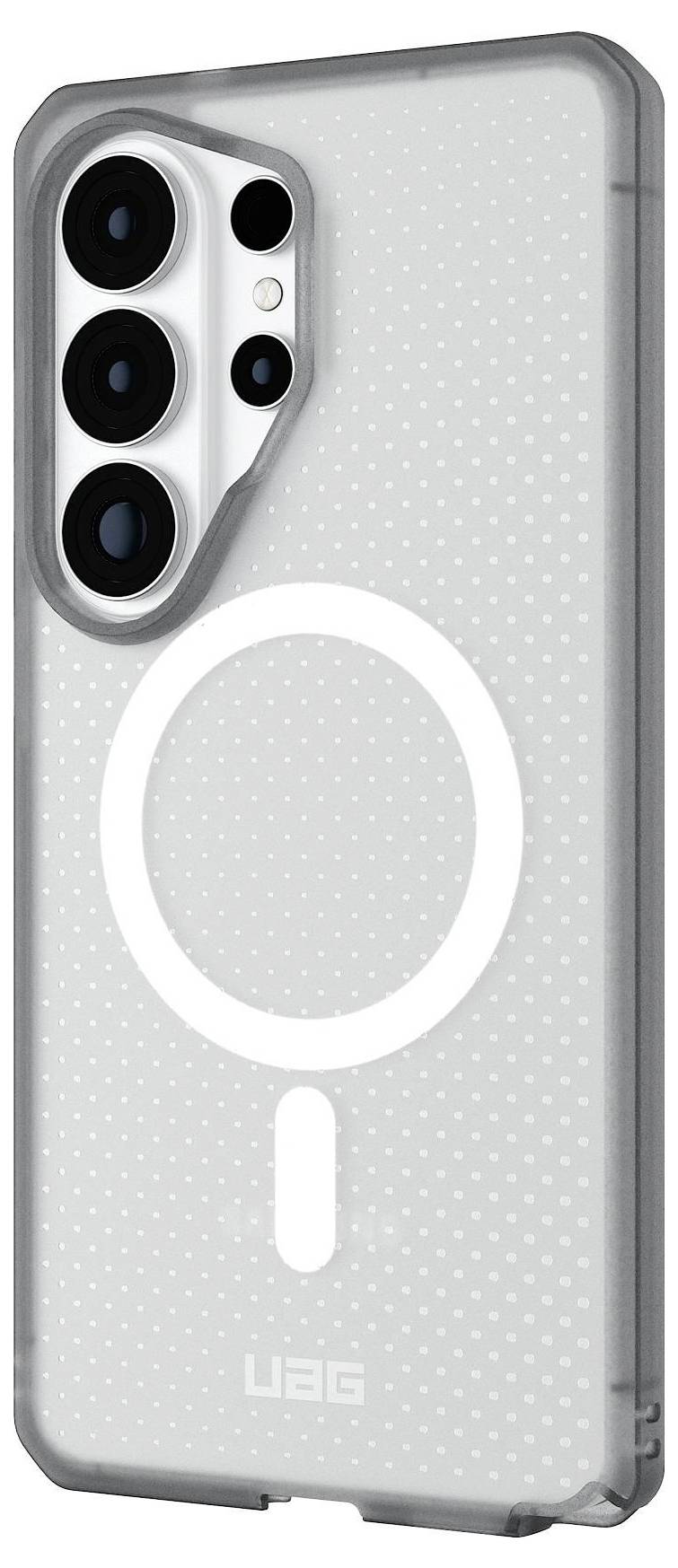 Transparente UAG-Handyhülle für maximalen Schutz mit MagSafe-Kompatibilität. Mit gepunkteter Oberflächenstruktur und präzise ausgeschnittenem Kamerabereich.