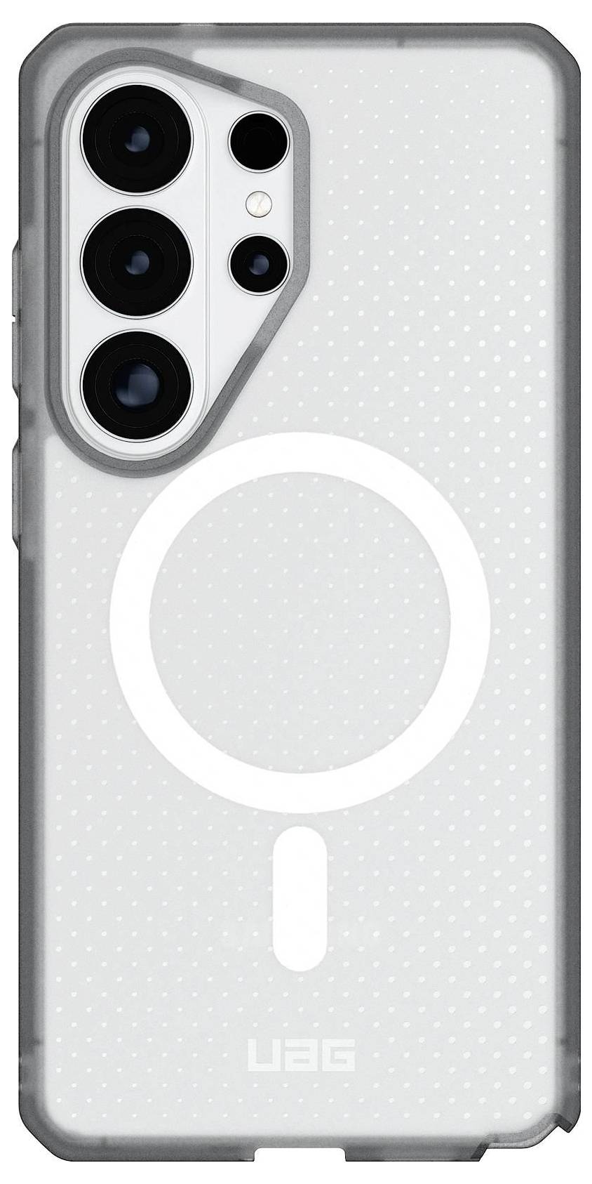 Ein transparentes Smartphone-Gehäuse mit verstärktem Rand und großem Kameraausschnitt, mit einem kreisförmigen MagSafe-Ring und feinem Punktmuster.