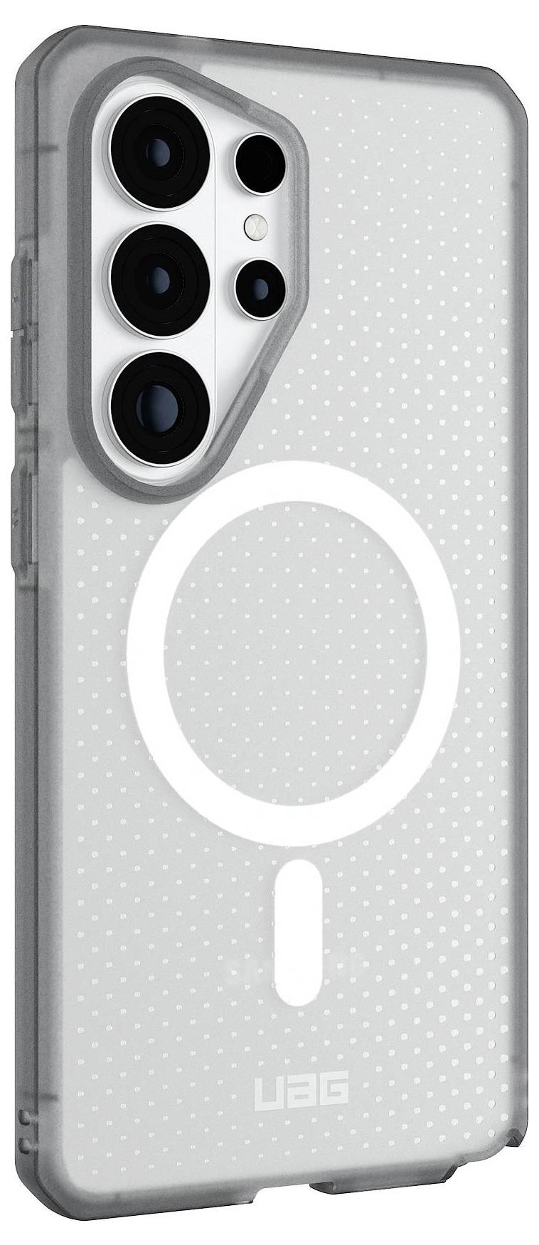 Durchsichtige Handyhülle mit weißem MagSafe-Ring für verbesserte kabellose Ladefähigkeit; bietet schützende, robuste Kanten.