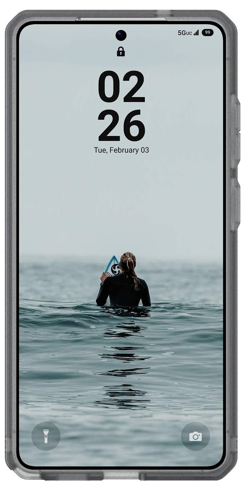 Ein Smartphone-Sperrbildschirm zeigt die Uhrzeit 