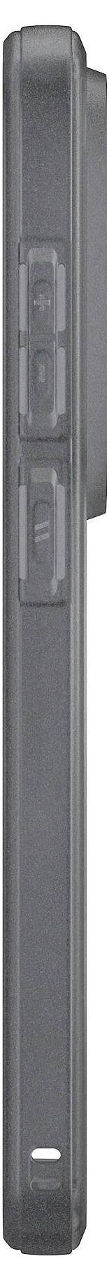 Seitenansicht eines schwarzen, geschlossenen Klapphandys mit sichtbarem Scharnier und zwei Seitentasten.