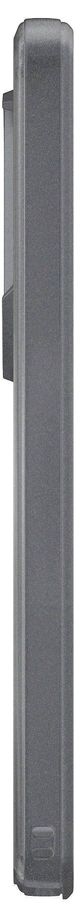 Seitenansicht eines schlanken grauen Smartphones mit erhöhtem Kamerabuckel und Tasten.