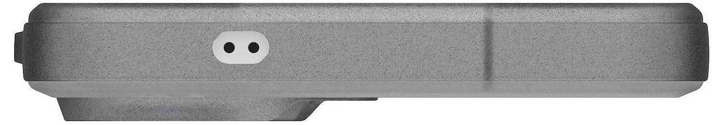 Seitenansicht eines grauen elektronischen Geräts mit einer gerundeten Erhebung und zwei kleinen Löchern auf seiner Oberfläche, wahrscheinlich für Konnektivität oder Belüftung.