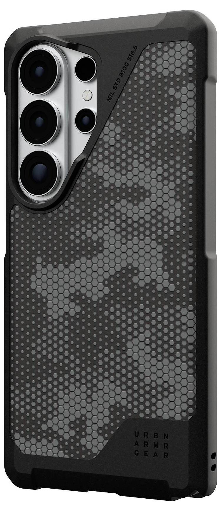 Seitenansicht eines grauen Schutztelefonfalls, der Präzisionsausschnitte für Tasten und Ladeanschlüsse zeigt.