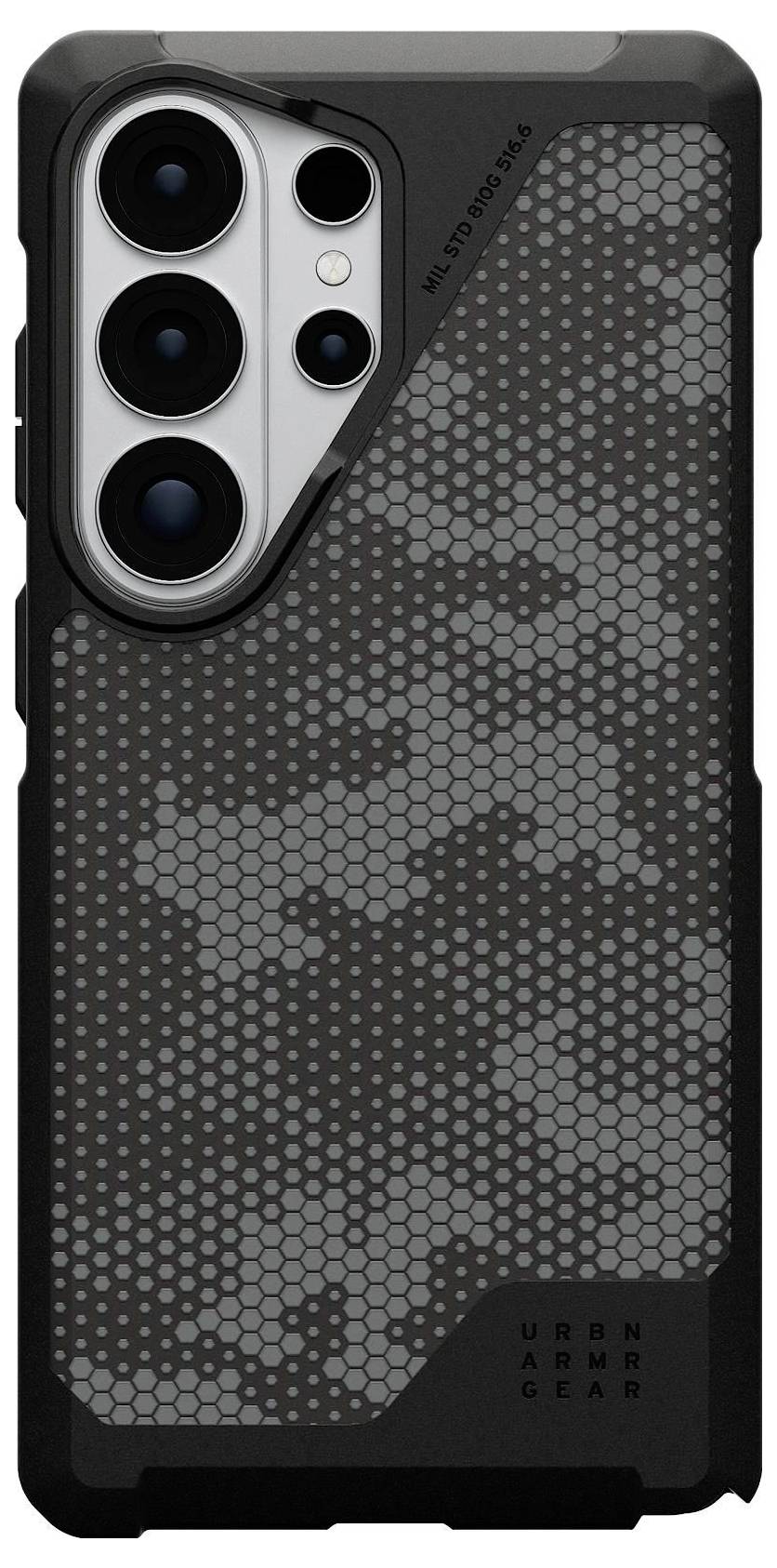 Ein robustes Handyschutzkase, das für Schutz konzipiert ist, mit einem dunklen Sechskantmuster und verstärkten Ecken; geeignet für den Außeneinsatz.