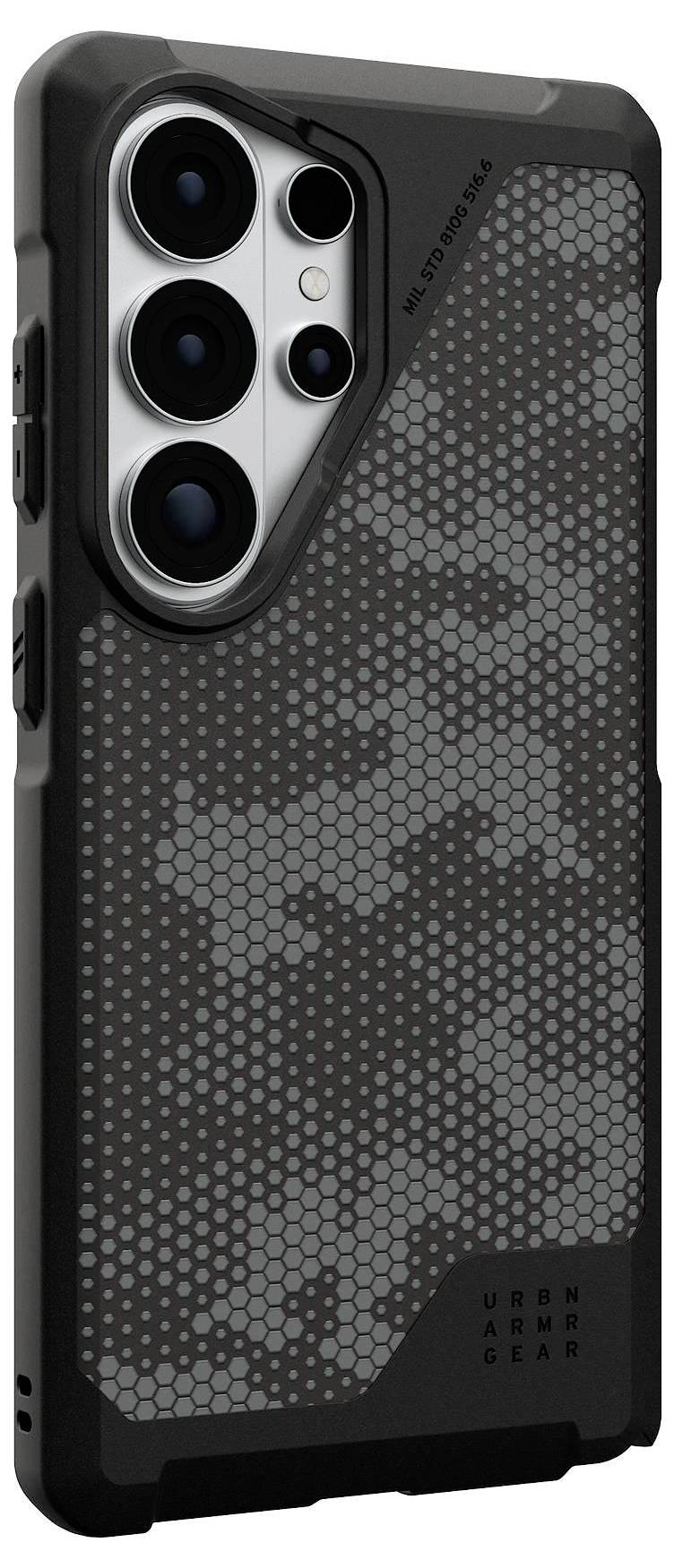 Ein Smartphone mit einer robusten Schutzhülle mit sechseckigem Muster, verstärkten Kanten und einer Aussparung für die Kameraobjektive.