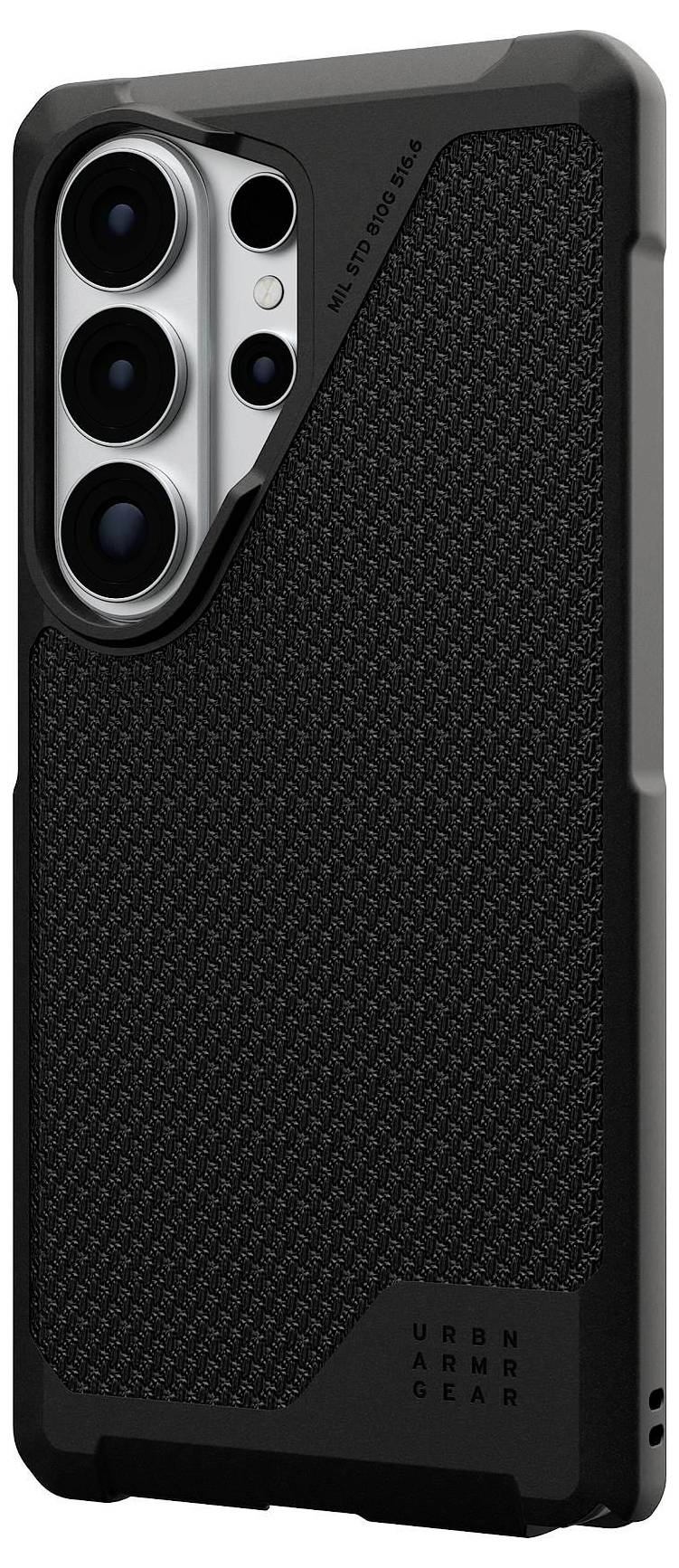 Ein robustes Smartphone-Schutzetui mit hexagonalem Muster, das für Schutz entwickelt wurde. Es verfügt über Aussparungen für Linsen, Tasten und Anschlüsse.