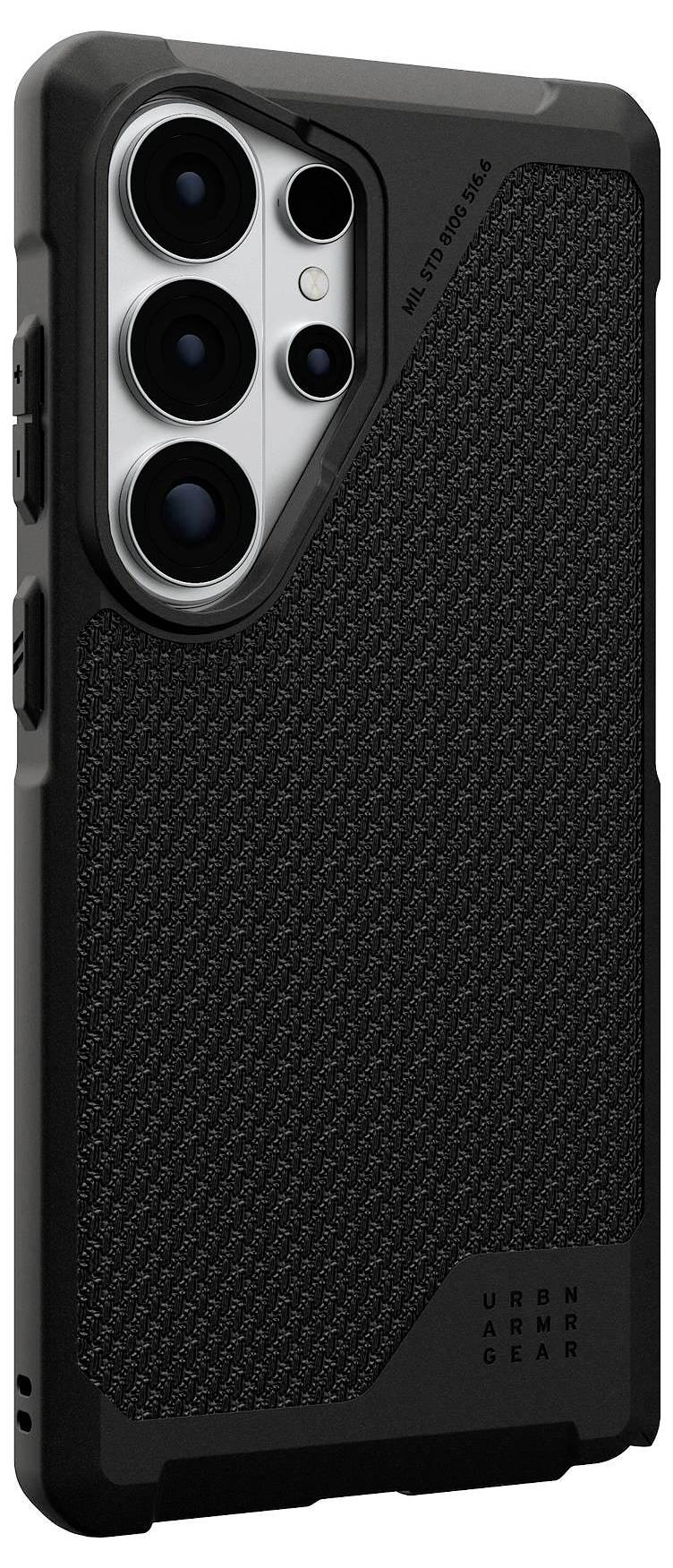 Ein schwarzes Smartphone im Winkel mit leuchtendem Bildschirm, mit einem Verlaufsdesign. Das Gerät hat ein elegantes, minimalistisches Aussehen.