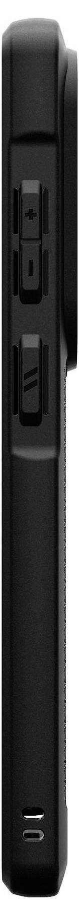 Das Bild zeigt die Draufsicht einer Smartphone-Hülle mit Aussparungen für einen Knopf und Anschlüsse, gefertigt aus einem dunklen Material.