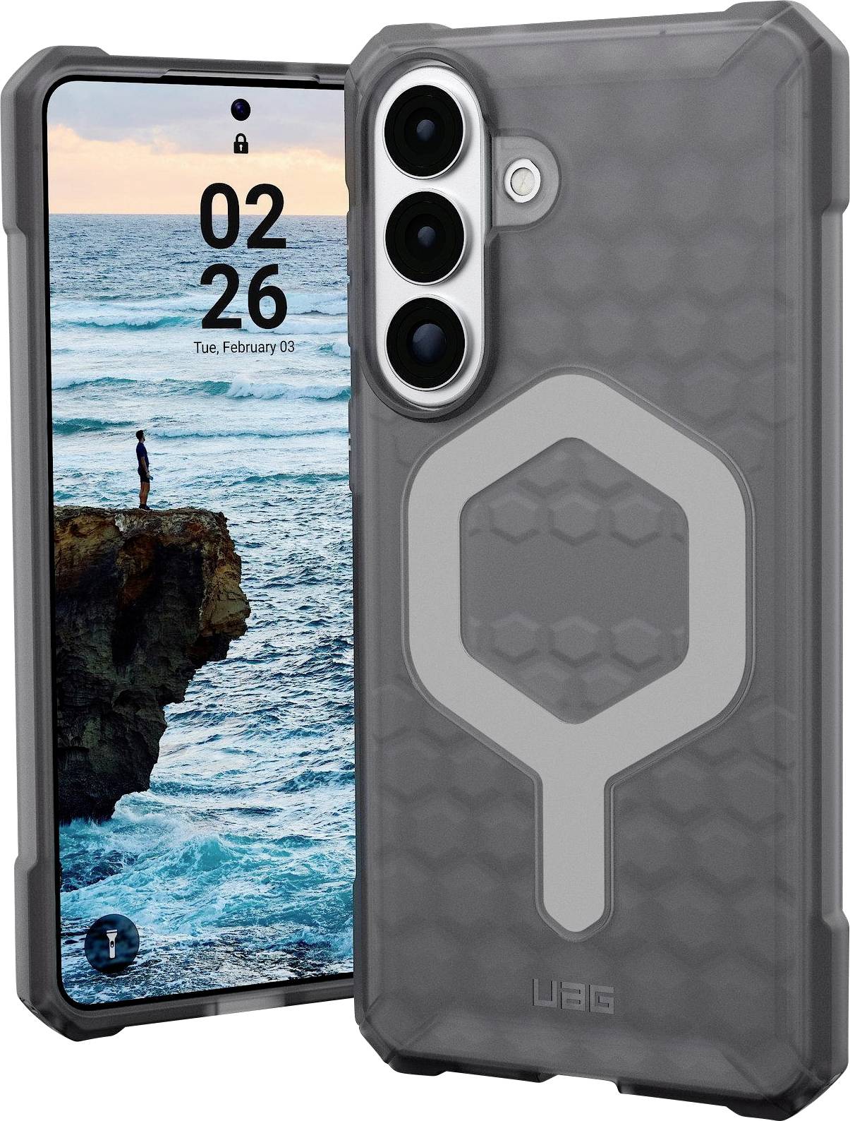 Ein robustes Smartphone-Gehäuse mit Hexagonmuster und integriertem Ständer; daneben zeigt das Telefon eine Meereslandschafts-Hintergrund.