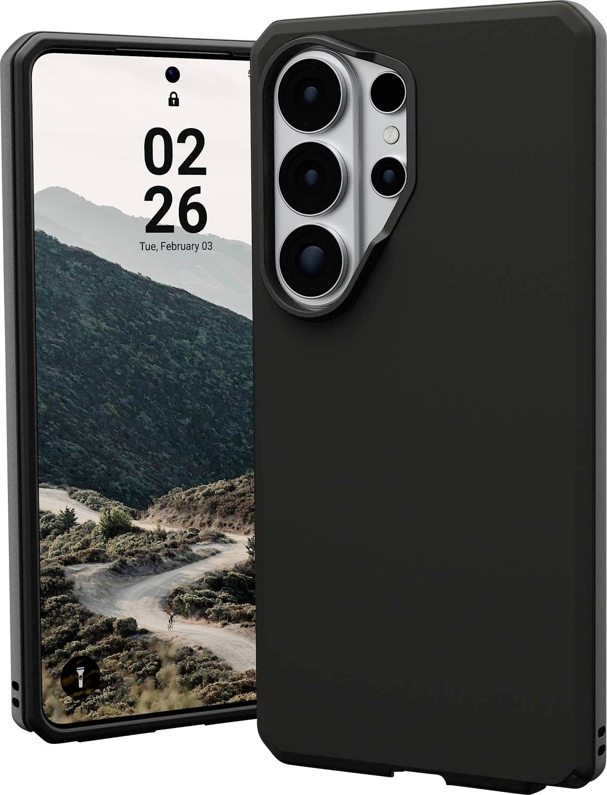 Ein Handyhülle auf einem Smartphone mit Bergwallpaper, das das Datum „Tue, February 28