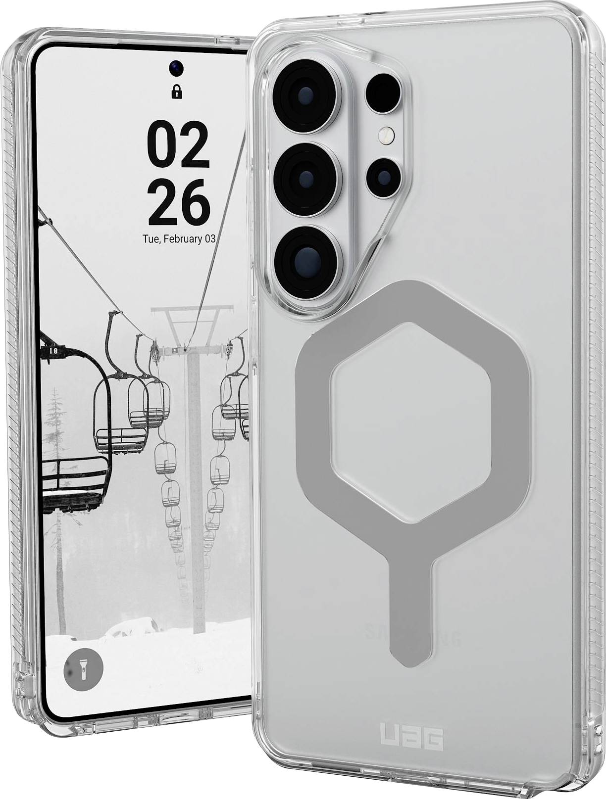 Zwei Smartphones, eines zeigt das Datum 02/26 und die Uhrzeit, beide in transparenten, robusten UAG-Schutzhüllen mit großen Kameraausschnitten.